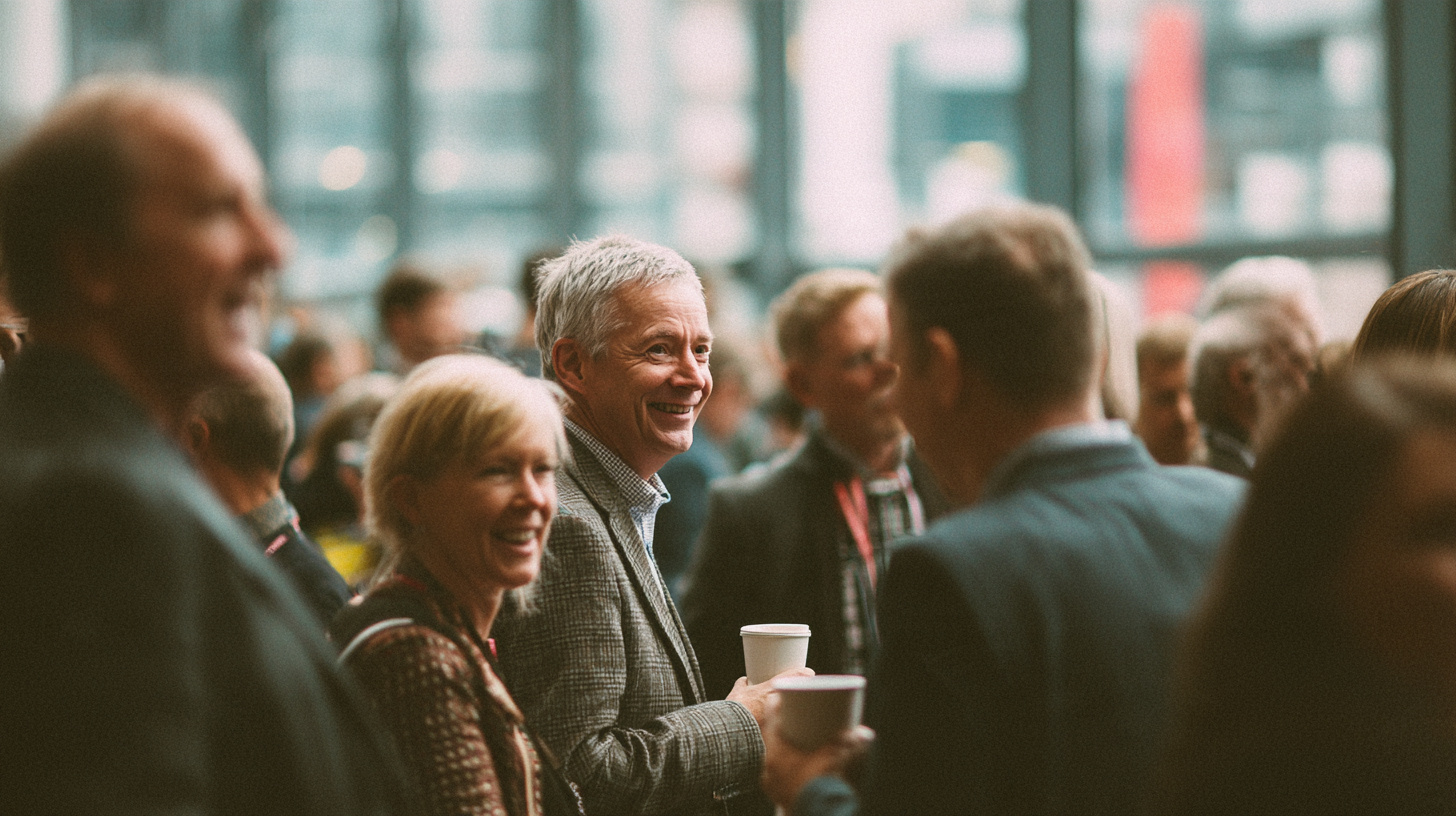 A variety of education sector workers talking in an conference atrium